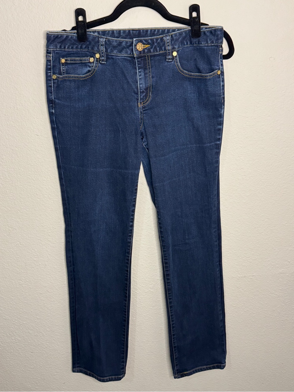 Tory Burch Dark Blue Straight Leg Jeans with Gold Hardware